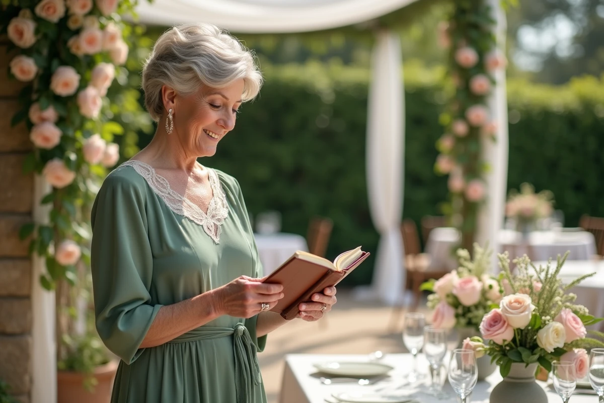 Mère de la mariée en robe verte lisant son discours lors d'une cérémonie de mariage en plein air