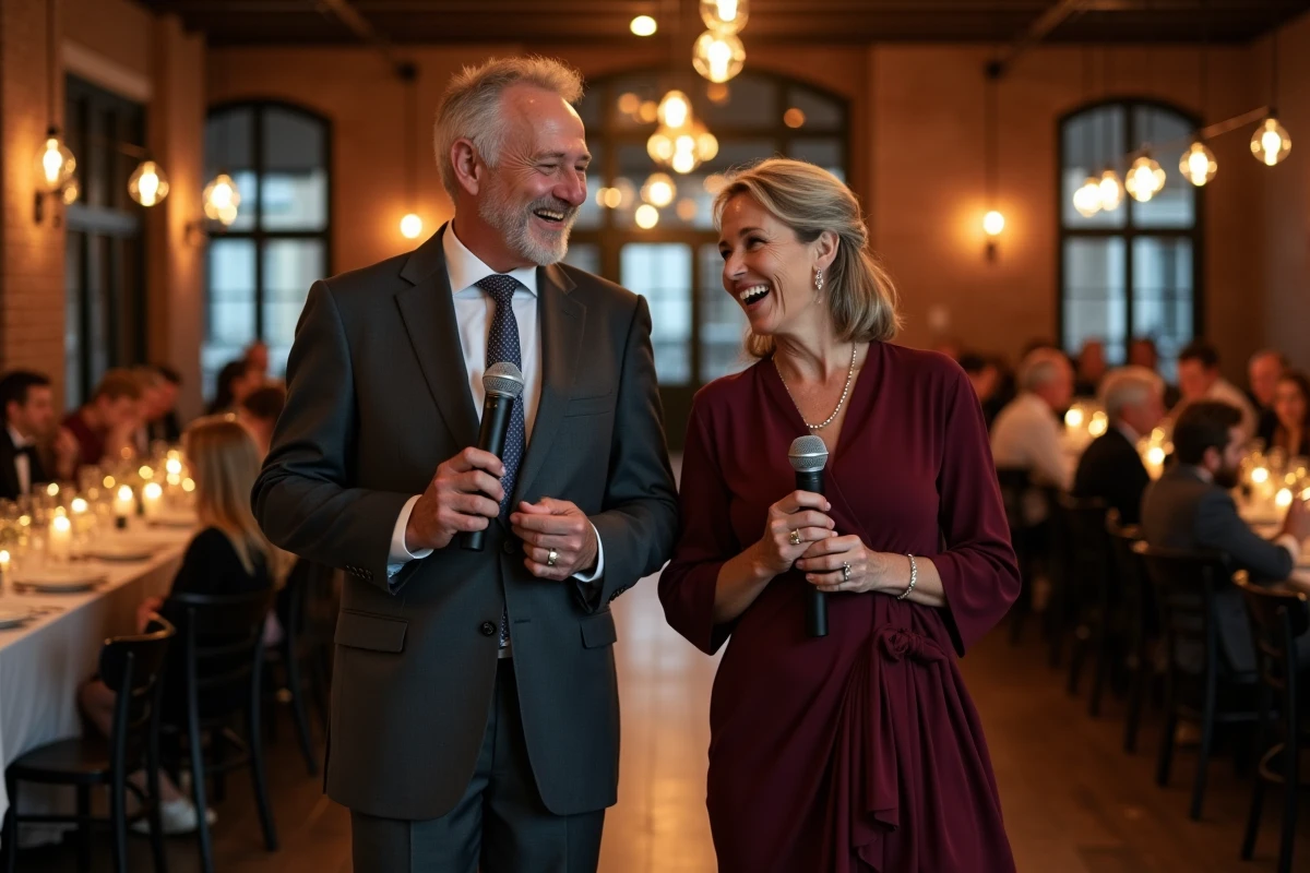 Les deux parents de la mariée prononçant ensemble leur discours lors d'un mariage dans un loft parisien