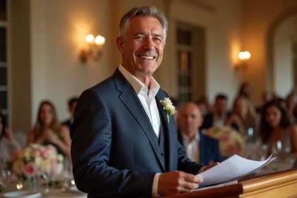 Père du marié en costume bleu marine prononçant son discours lors d'un mariage dans un château français