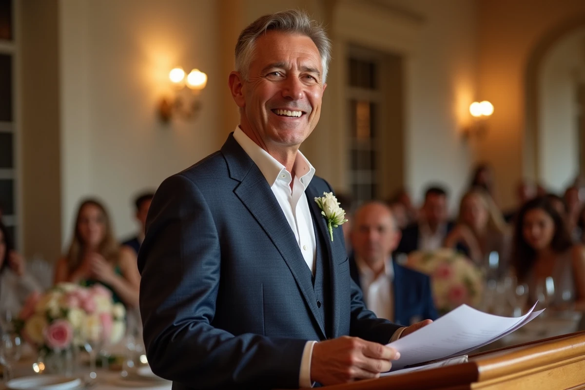 Père du marié en costume bleu marine prononçant son discours lors d'un mariage dans un château français