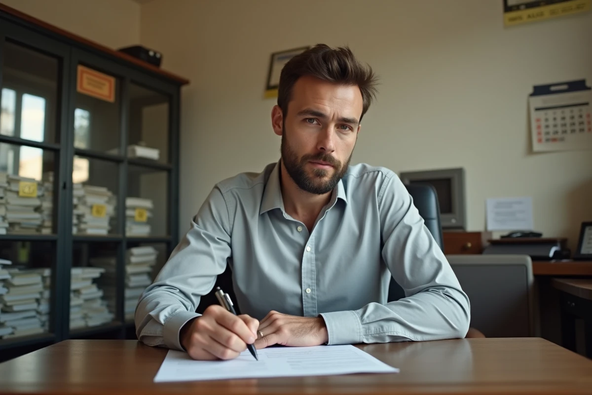 Homme remplissant un dossier de publication de bans de mariage dans un bureau de l'état civil d'une mairie française