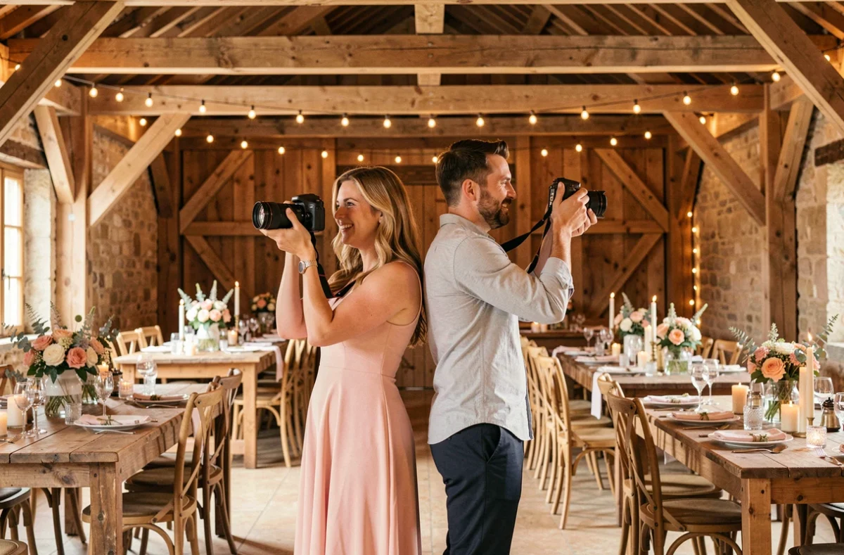 Emeline et Clément, duo de photographes, dos à dos lors d'une réception de mariage dans une grange rénovée en Ariège