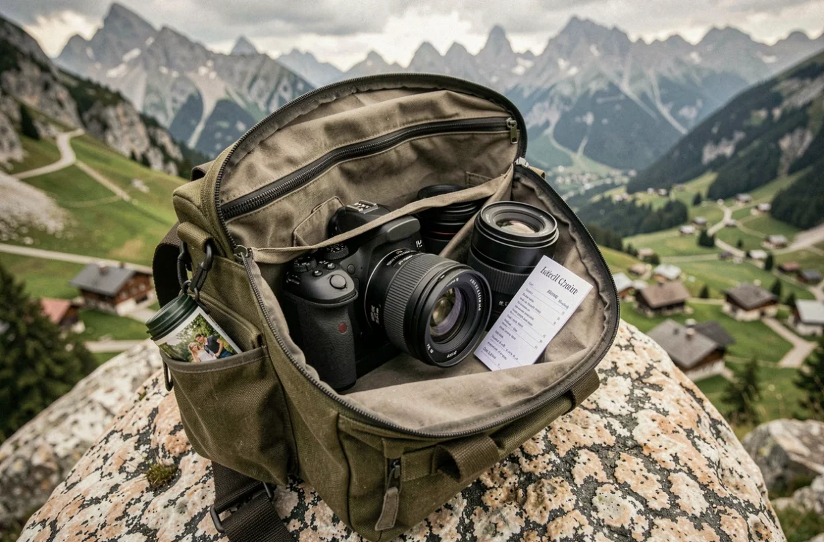 Équipement photographique professionnel posé sur un rocher en granit avec vue sur une vallée alpine en Haute-Savoie