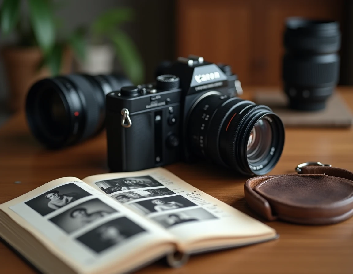 Équipement professionnel d'un photographe à Lagny-sur-Marne posé sur une table en bois