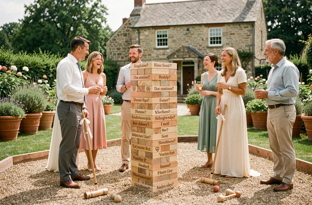 Espace jeux de plein air pour mariage avec Jenga géant personnalisé et pétanque dans un jardin de domaine