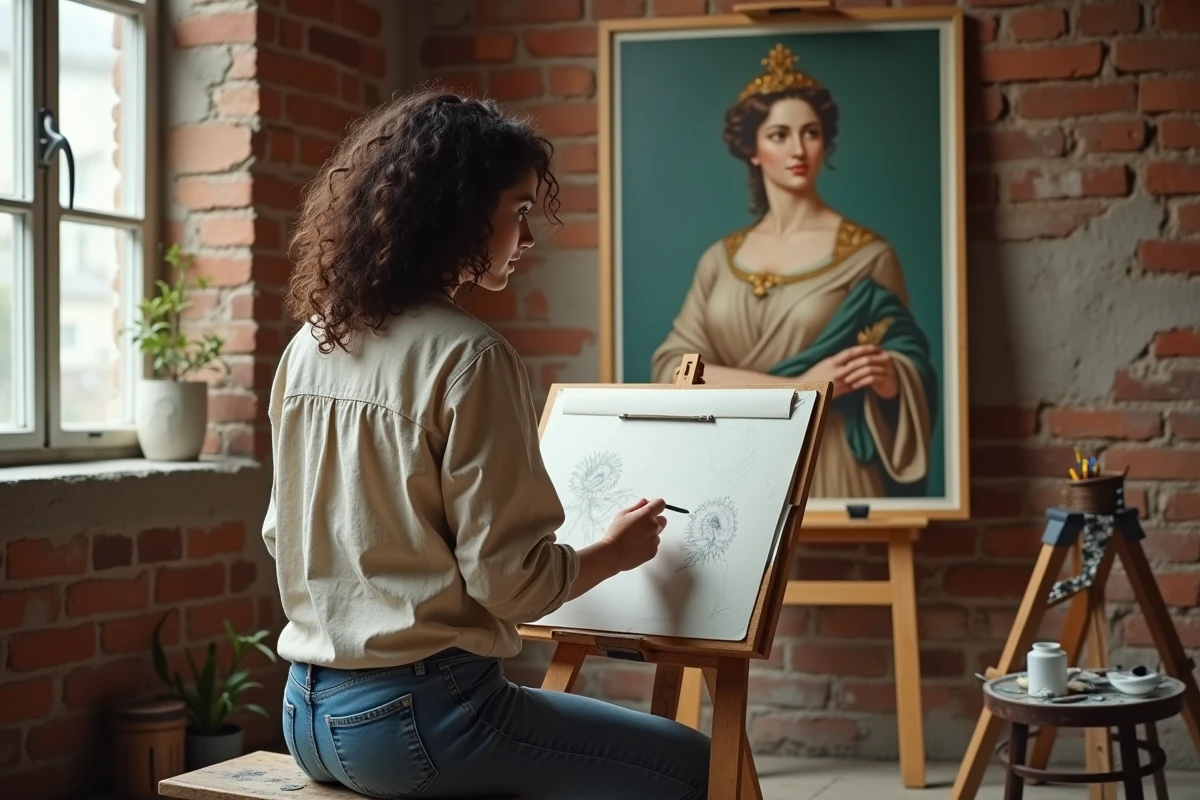 Étudiante en beaux-arts dessinant une reproduction d'une peinture classique représentant la déesse Héra
