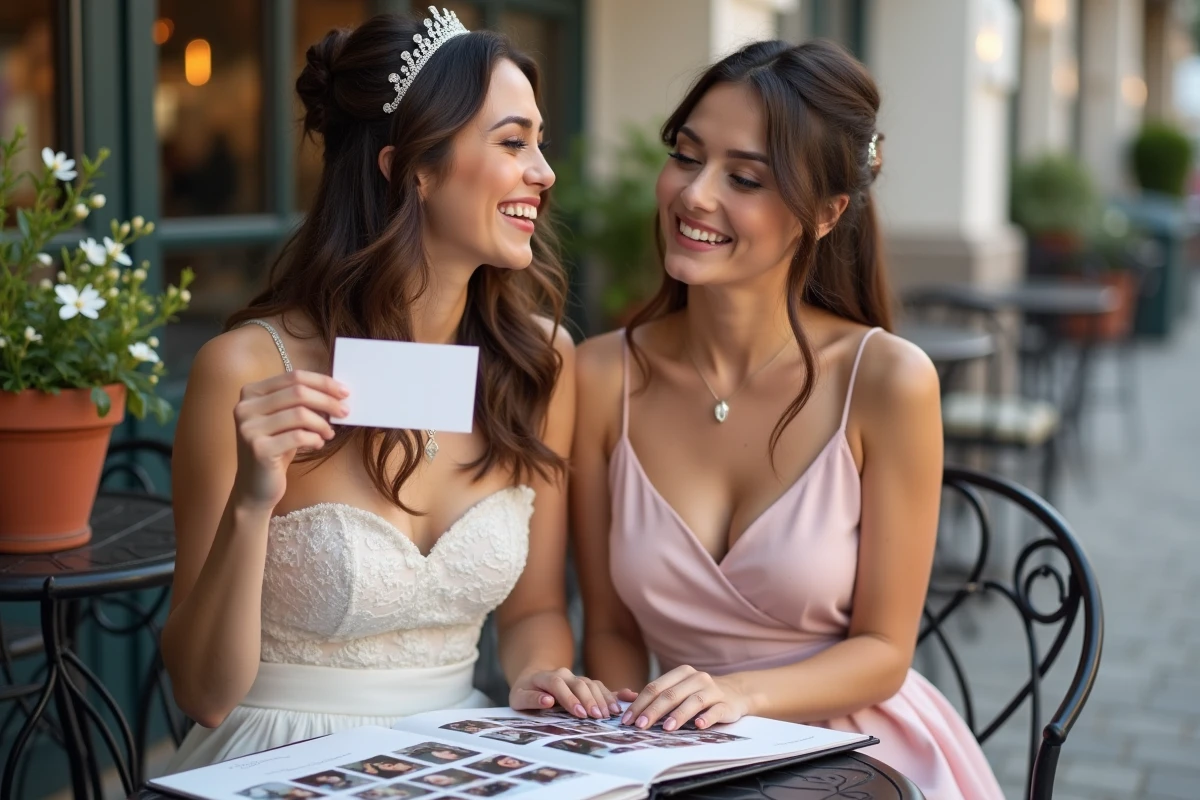 Deux femmes lors d'un EVJF consultant un album souvenir avec des cartes de défis photos imprimées en terrasse