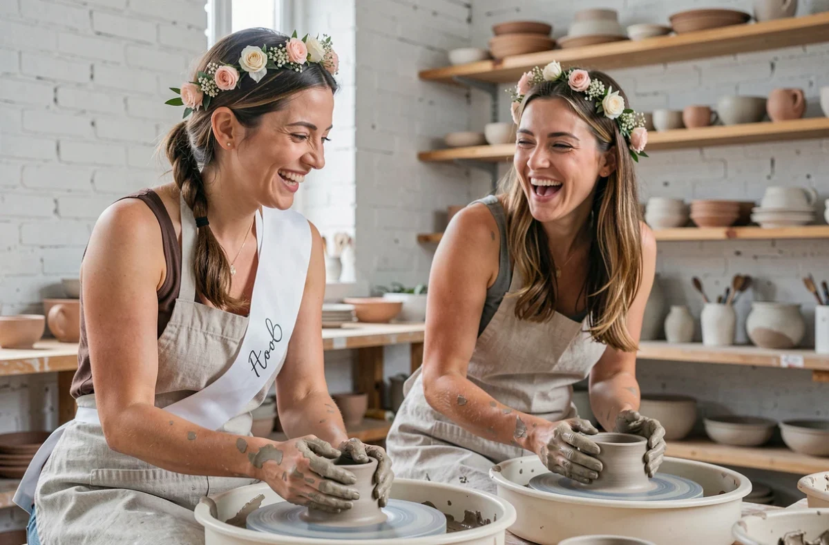 Deux amies faisant de la poterie ensemble lors d'une activité originale pour enterrement de vie de jeune fille