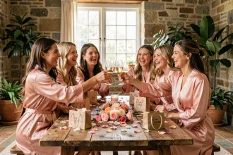 Groupe de femmes en robes de satin rose lors d'un enterrement de vie de jeune fille dans une villa rustique