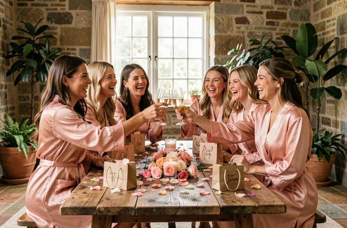 Groupe de femmes en robes de satin rose lors d'un enterrement de vie de jeune fille dans une villa rustique