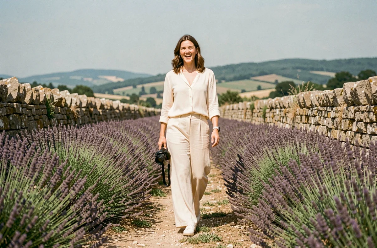 Fanny Dutouquet marchant le long d'un chemin bordé de lavande en Aveyron avec son appareil photo