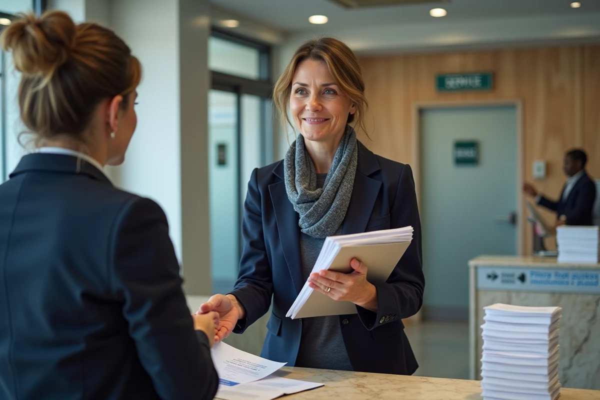 Femme présentant des documents à un agent de mairie en France