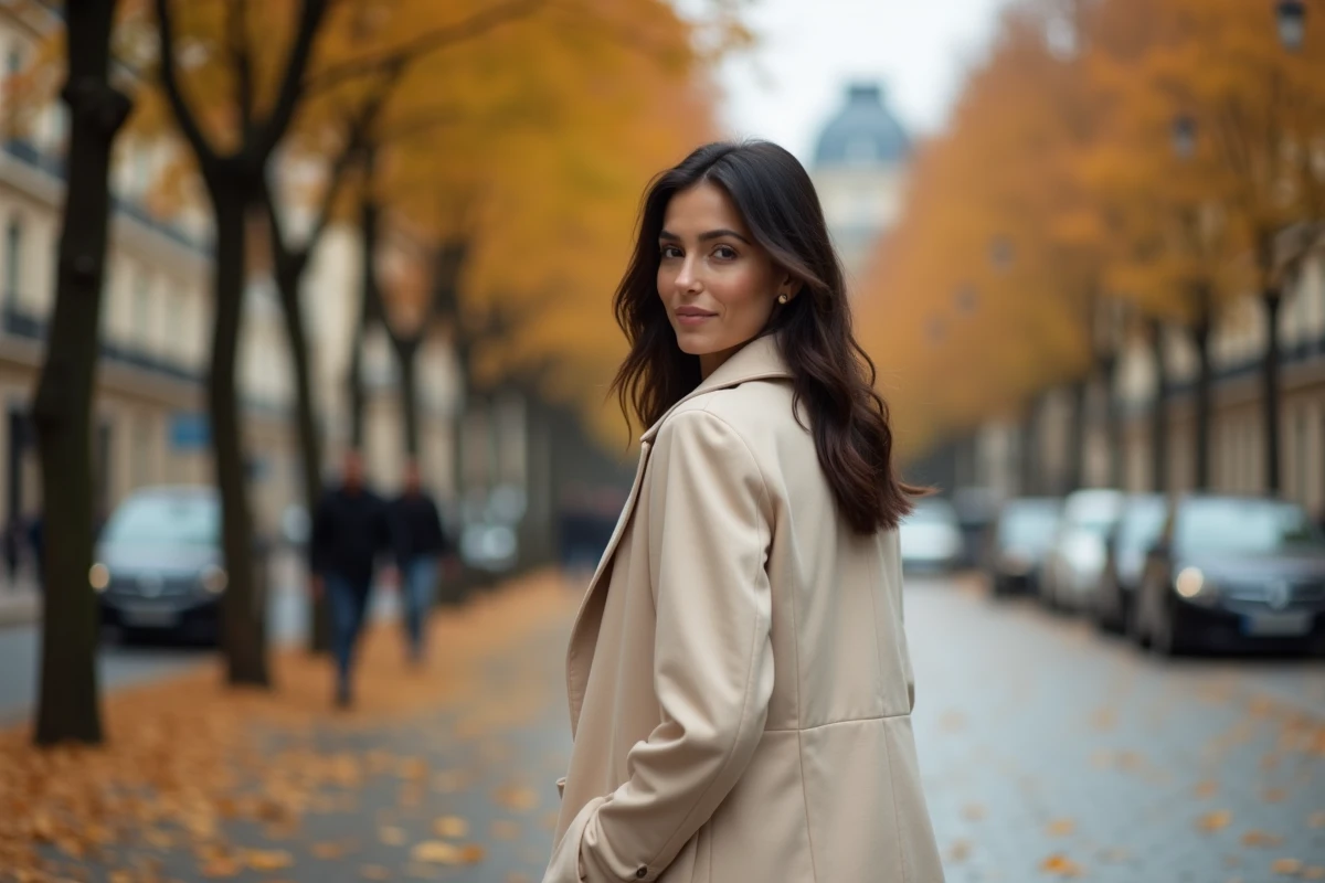 Femme élégante marchant sur un boulevard parisien en automne, capturant l'atmosphère intime et discrète de la vie privée d'une figure publique française