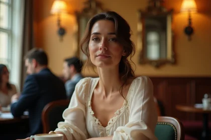 Femme élégante dans un café parisien partageant ses confidences sur son mariage, carnet ouvert sur la table