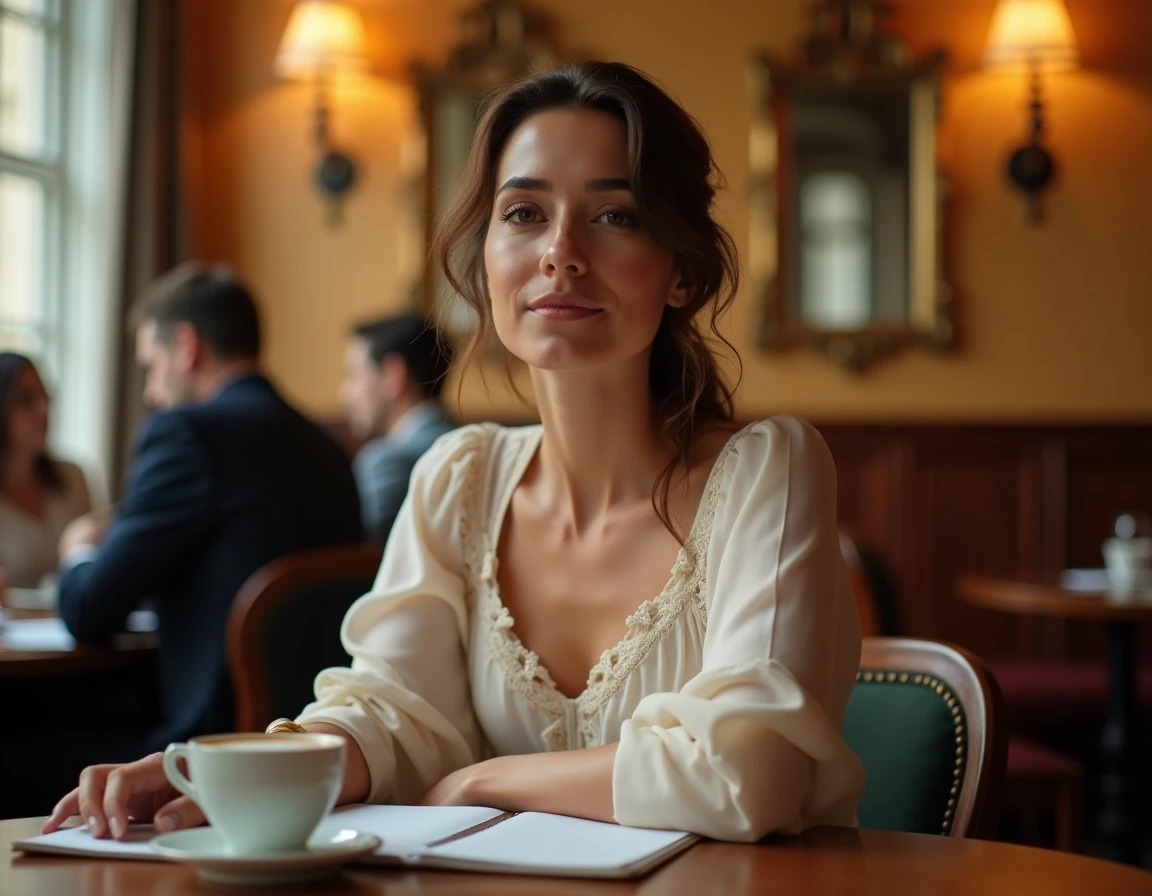 Femme élégante dans un café parisien partageant ses confidences sur son mariage, carnet ouvert sur la table