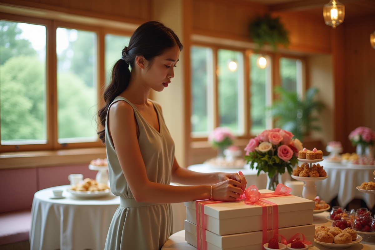 Jeune femme attachant des rubans autour de cadeaux festifs