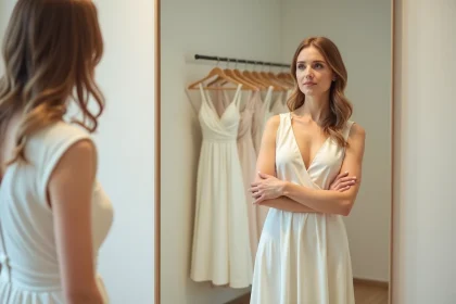 Femme essayant une robe de mariée mi-longue minimaliste dans une boutique de mariage, l'air hésitante face au miroir