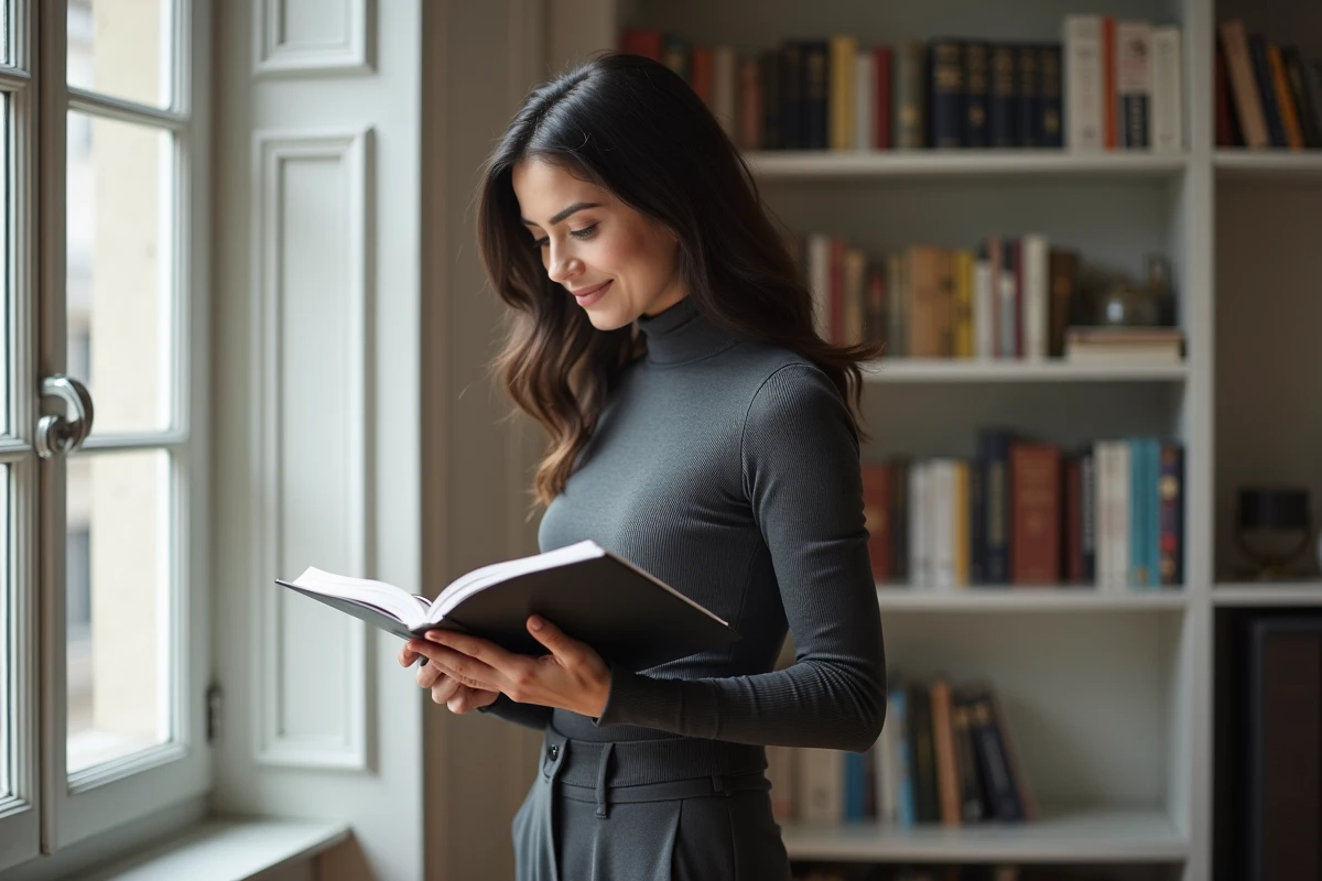 Femme intellectuelle et sereine dans un appartement haussmannien parisien, tenant un livre ouvert, évoquant l'intimité et les confidences d'une personnalité médiatique française