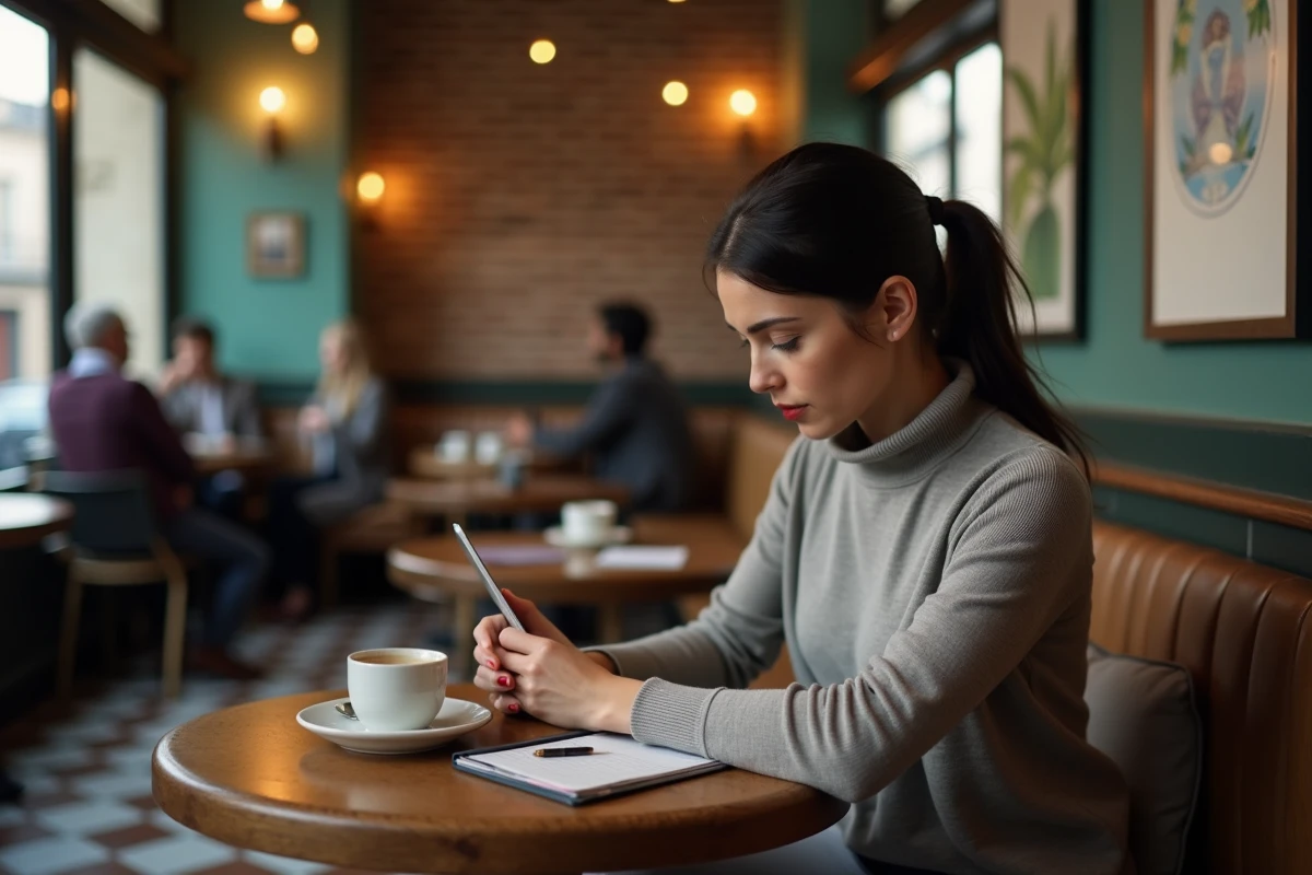 Femme journaliste concentrée travaillant dans un café parisien, symbolisant l'équilibre entre vie professionnelle et personnelle
