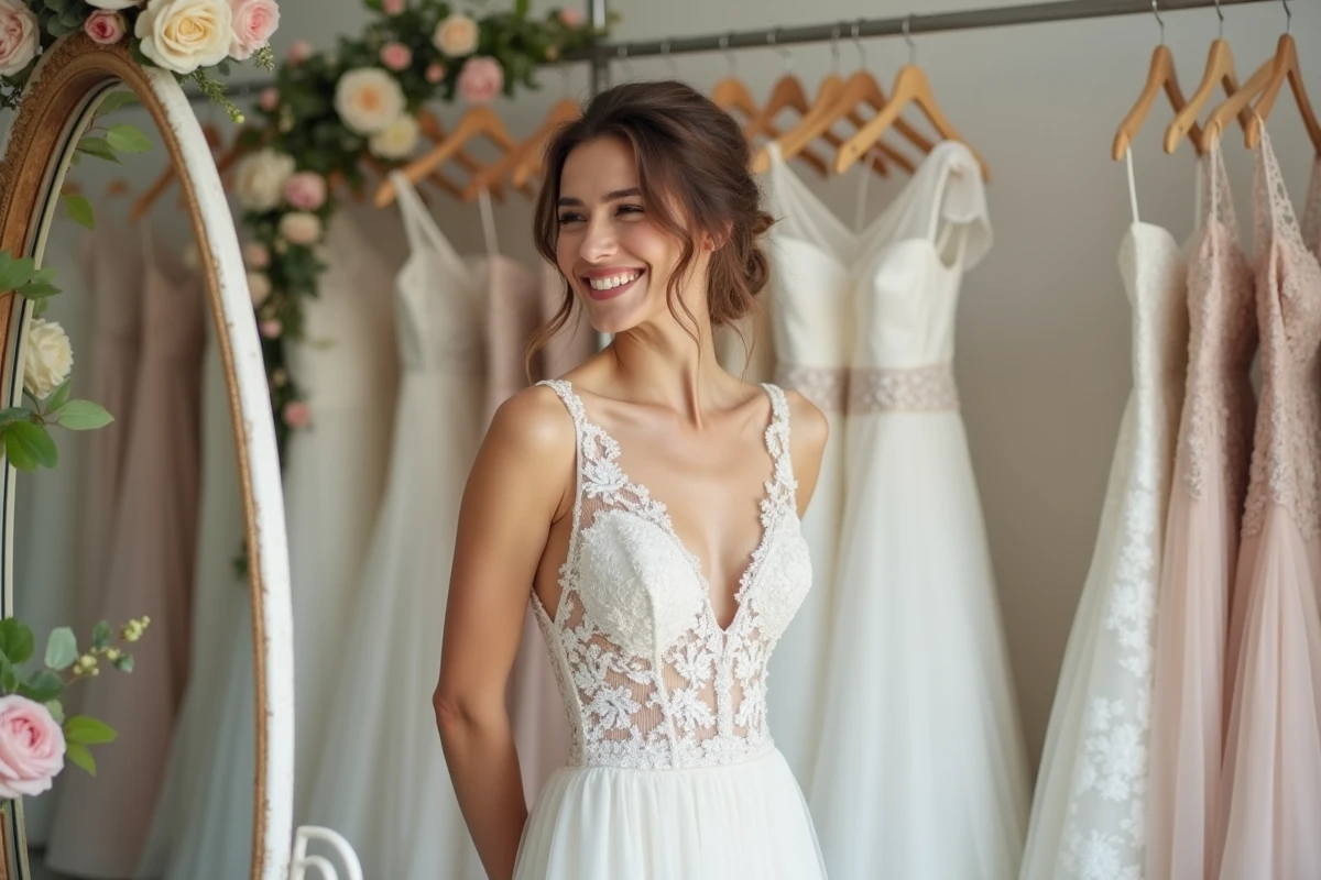 Femme souriante en robe de mariée élégante dans une boutique