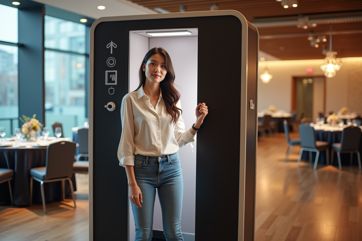 Jeune femme installant un photobooth dans une salle moderne