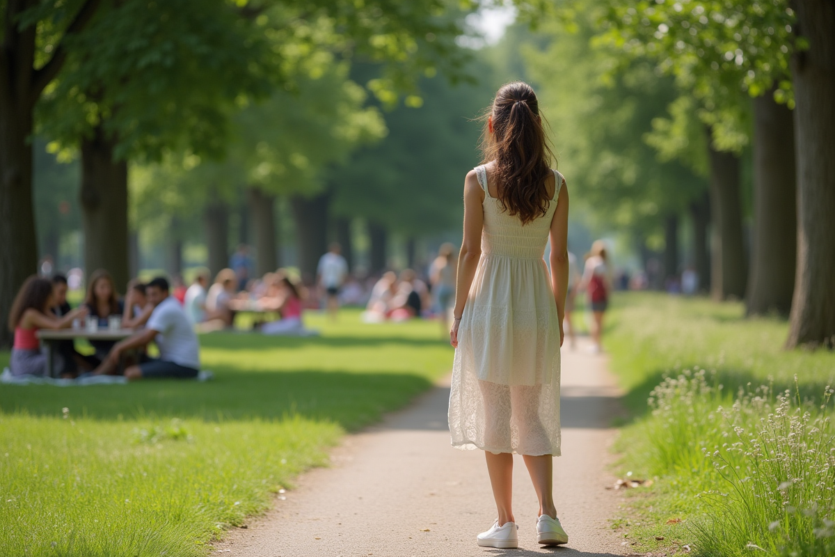 Femme seule dans un parc avec amis et famille