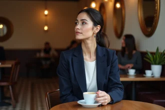 Femme française élégante et pensive attablée dans un café parisien, illustrant les confidences rares d'une personnalité publique sur sa vie privée