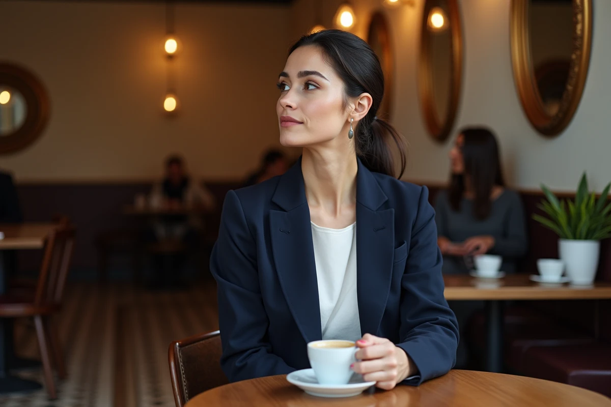 Femme française élégante et pensive attablée dans un café parisien, illustrant les confidences rares d'une personnalité publique sur sa vie privée