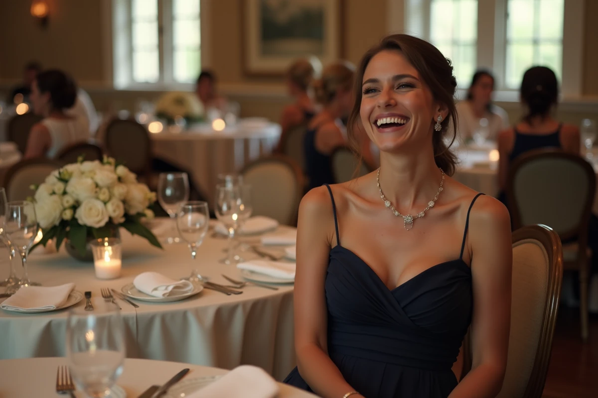 Jeune femme riant à une réception de mariage en intérieur