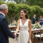 Femme souriante accueillant des invités de mariage en extérieur