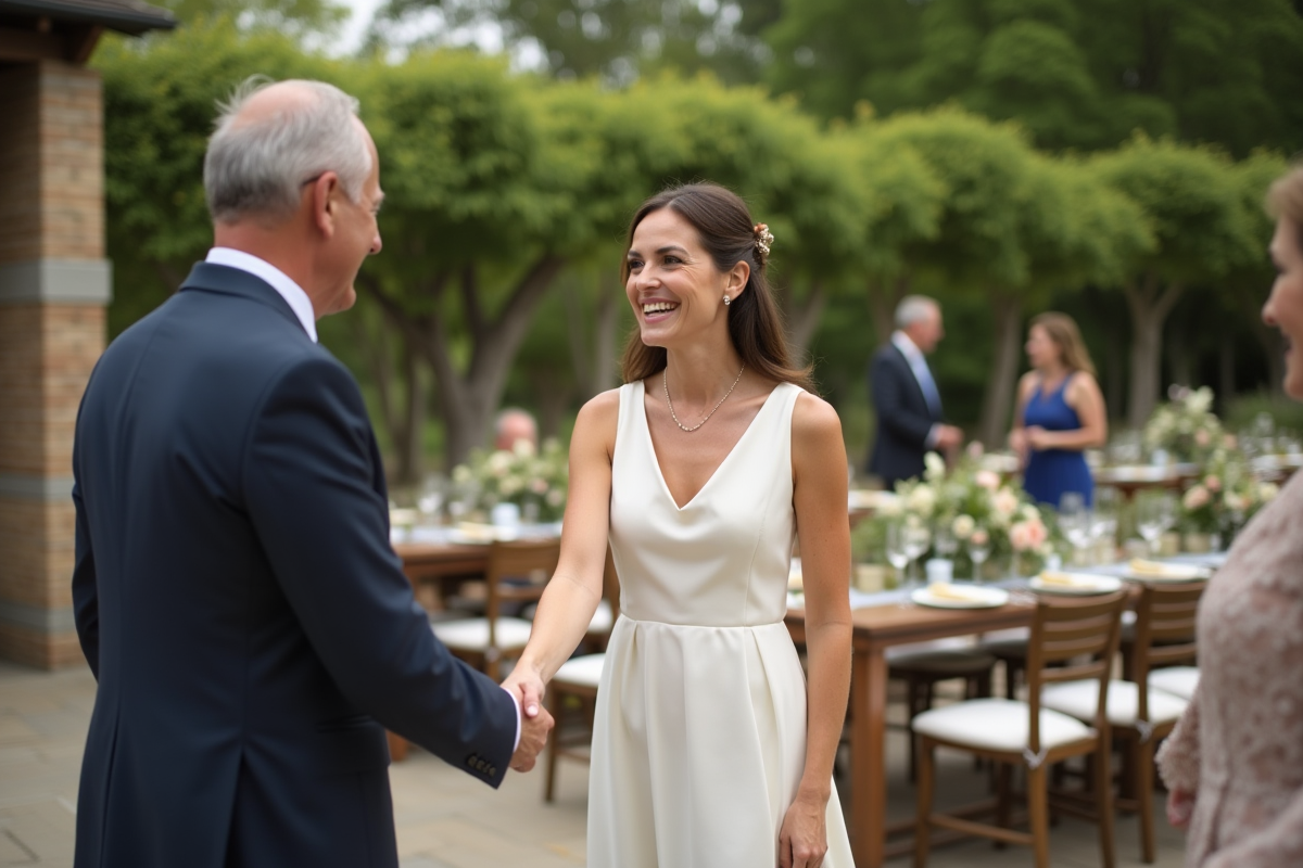 Femme souriante accueillant des invités de mariage en extérieur