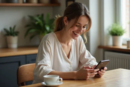 Femme souriante utilisant son téléphone dans une cuisine chaleureuse