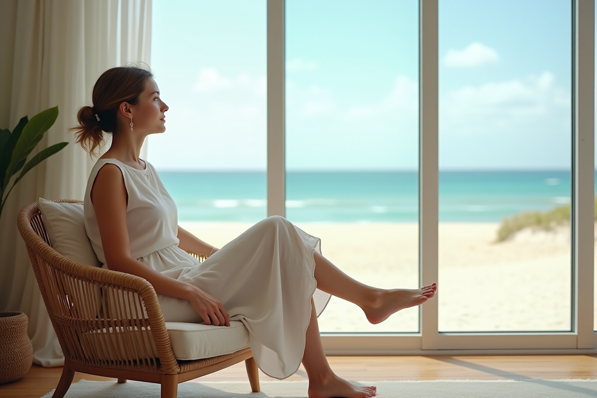 Femme assise près de fenêtre dans villa moderne au bord de mer