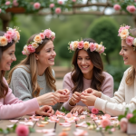 Groupe de femmes créant des couronnes de fleurs dans un jardin