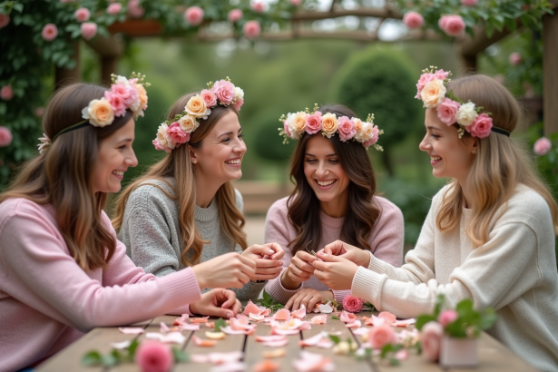 Groupe de femmes créant des couronnes de fleurs dans un jardin