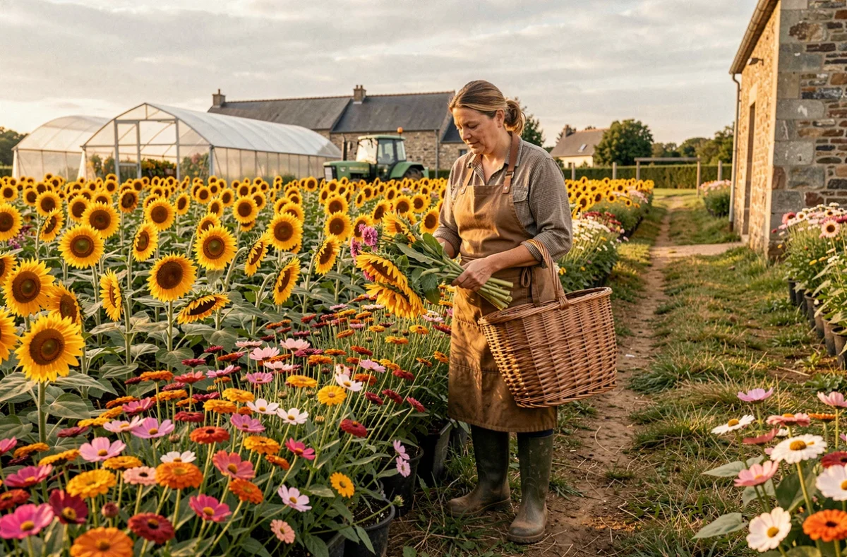 Fleuriste agricultrice de La Ferme Fleurie de Loperhet récoltant tournesols et zinnias dans ses champs en Bretagne