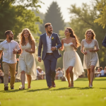 Fête de mariage en plein air dans un jardin ensoleille avec invités souriants