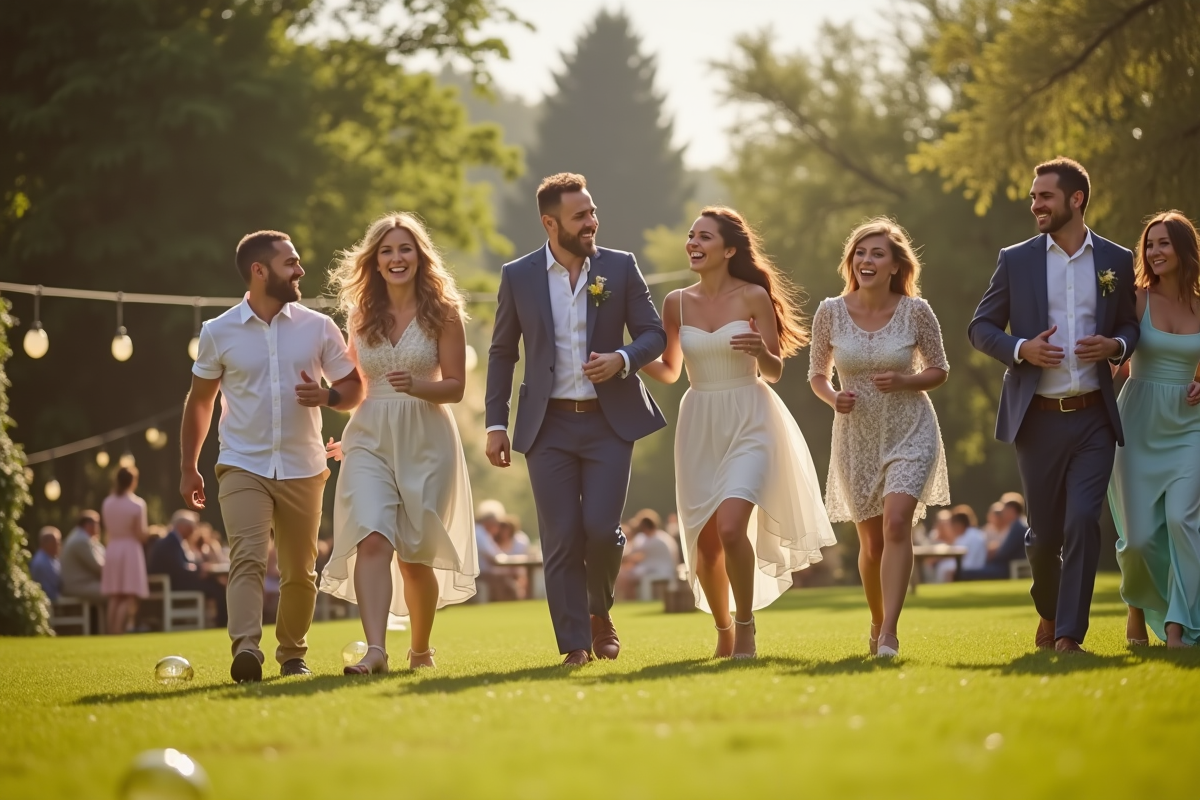 Fête de mariage en plein air dans un jardin ensoleille avec invités souriants
