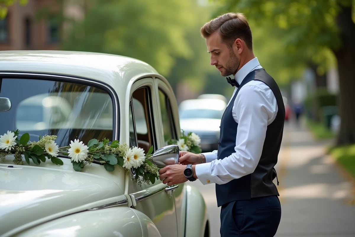Fleuriste attachant une guirlande florale à une voiture de mariage blanche