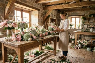 Atelier de fleuriste de mariage en Bretagne avec bouquets de pivoines et hortensias sur une table en chêne
