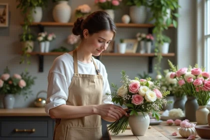 Jeune fleuriste arrangeant un bouquet de mariage dans un atelier chaleureux