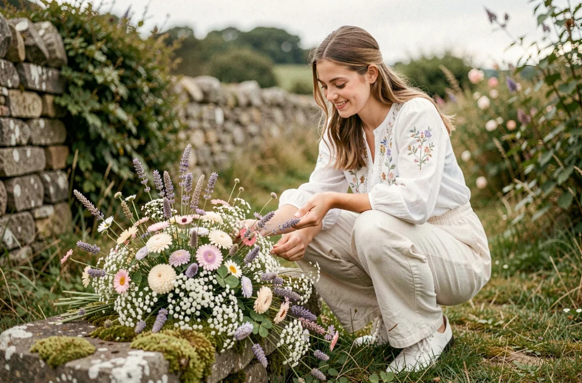 Jeune fleuriste de Fleurs de Fée arrangeant un bouquet féerique de fleurs sauvages sur une pierre moussue en Bretagne