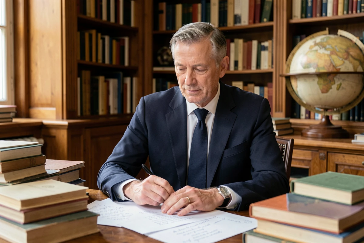 François-Xavier Bellamy dans son bureau parisien entouré de livres, illustrant sa vie intellectuelle et sa carrière politique en 2026