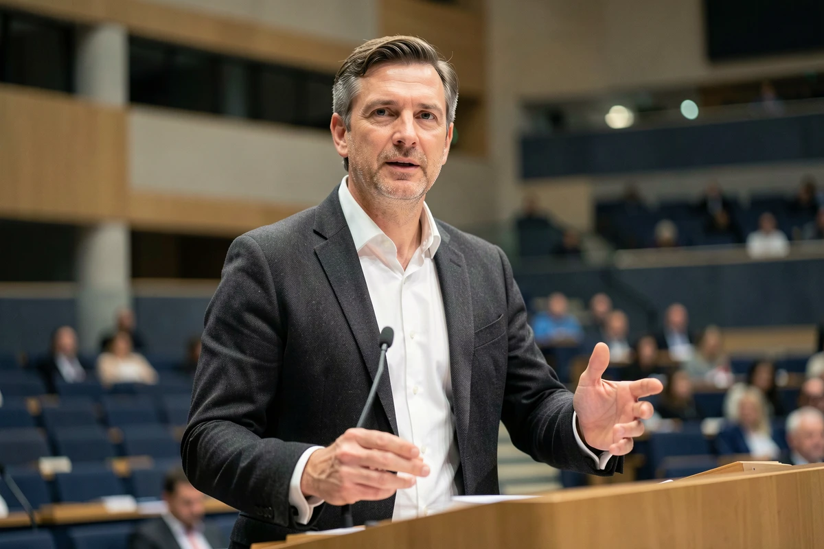 François-Xavier Bellamy prenant la parole lors d'un événement politique en 2026, illustrant son rôle de parlementaire européen
