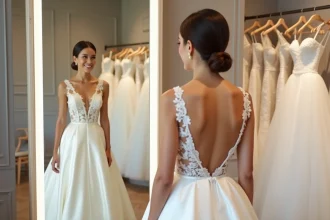 Robe de mariée dos-nu mettant en valeur une silhouette en forme de poire