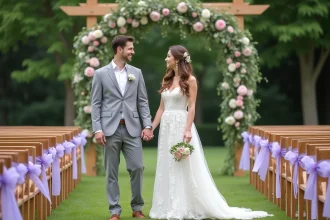 Jardin décoré pour un mariage avec guirlandes et lanternes