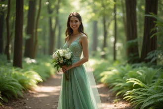 Robe de mariée verte symbolisant l'harmonie et la prospérité
