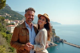 Couple heureux célébrant dix ans de mariage dans un lieu romantique
