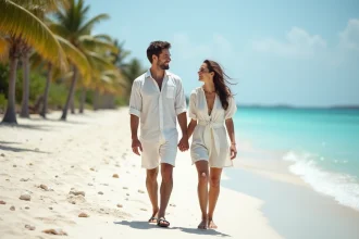 Couple heureux en voyage de noces sur une plage paradisiaque