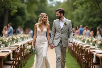Décoration de mariage champêtre avec fleurs sauvages et nappes en lin